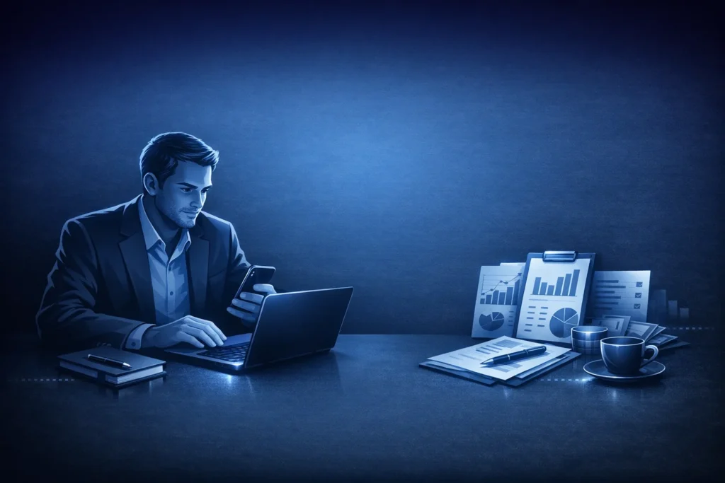businessman sitting at a desk with a cellphone in his hand