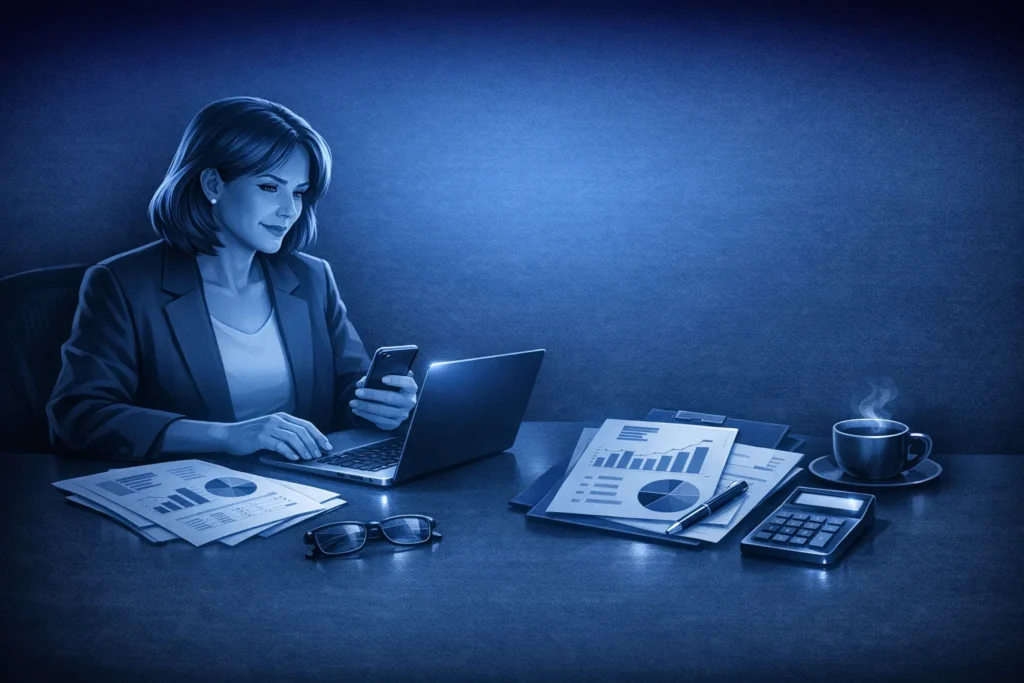 bookkeeper with cellphone in her hand
