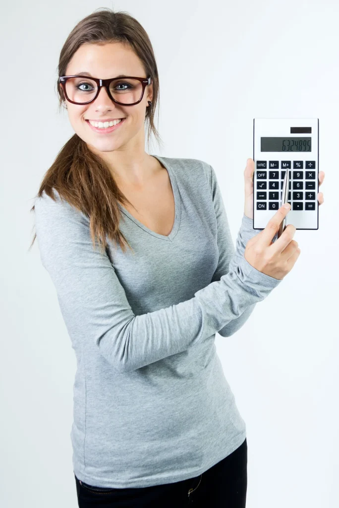 Bookkeeper pointing at calculator
